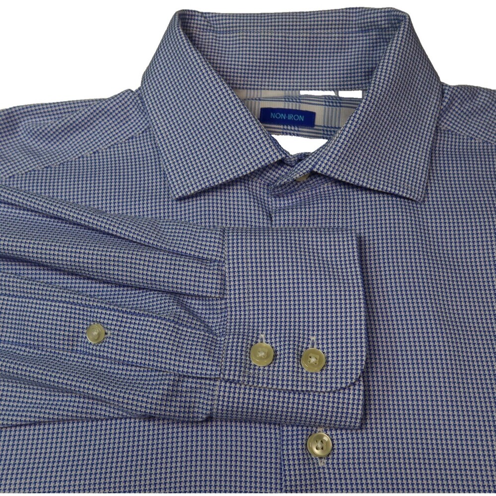 Egara Shirt Mens Med  Blue Micro Check Flip Cuff Long Sleeve Button Up Slim Fit